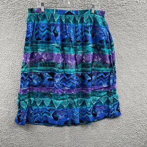 Alfred Dunner Women Flare Skirt 20 Blue Geometric Side Button Pleats Vintage USA